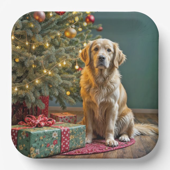 Christmas Golden Retriever With Gifts Paper Plates (Front)
