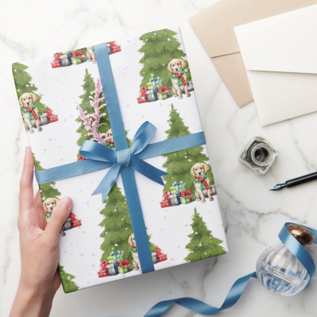 Christmas Golden Retriever With Gifts Wrapping Paper (Gifting)