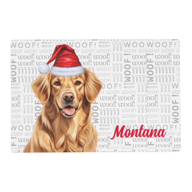 Christmas Golden Retriever with Name Pet Dinner Placemat (Back)