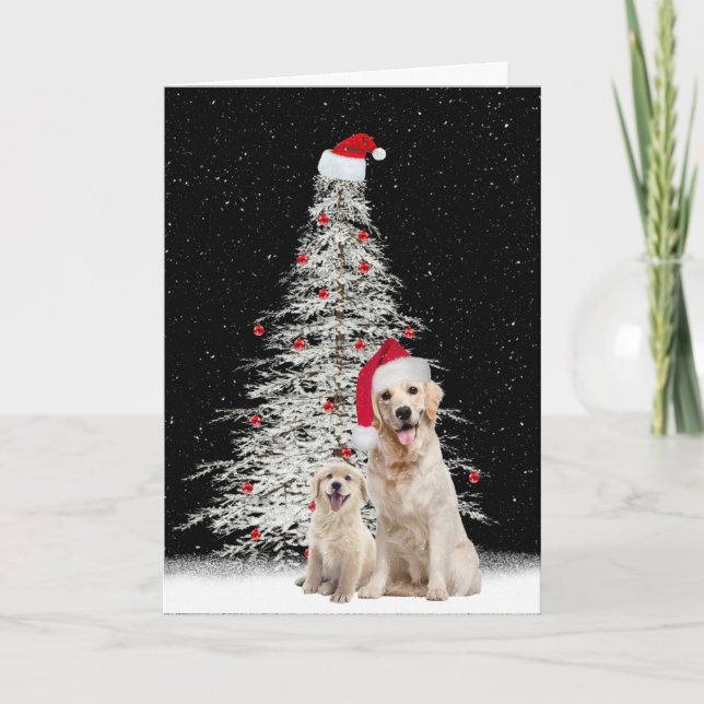 Christmas Golden Retriever with Tree Holiday Card (Front)