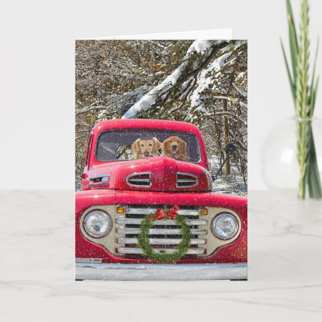 Christmas Golden Retrievers in old truck Holiday Card (Front)