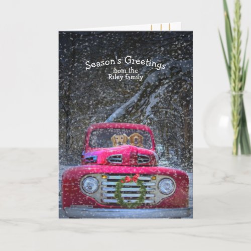 Christmas Golden Retrievers  in red old truck Holiday Card