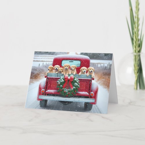 Christmas Golden Retrievers Puppies In Retro Truck Holiday Card