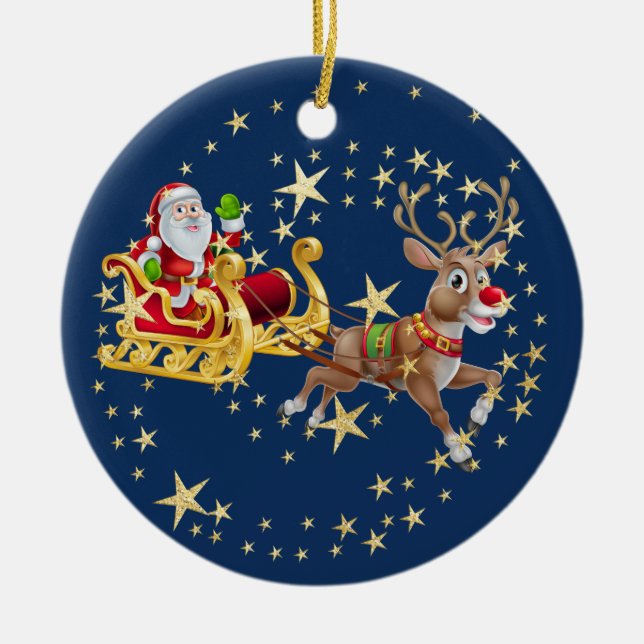 Christmas Golden Santa Sleigh Reindeers Navy Ceramic Ornament (Front)