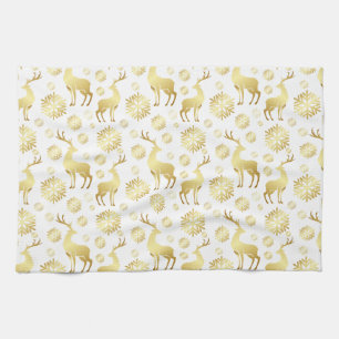 Christmas Golden Snowflakes and Reindeers Kitchen Towel