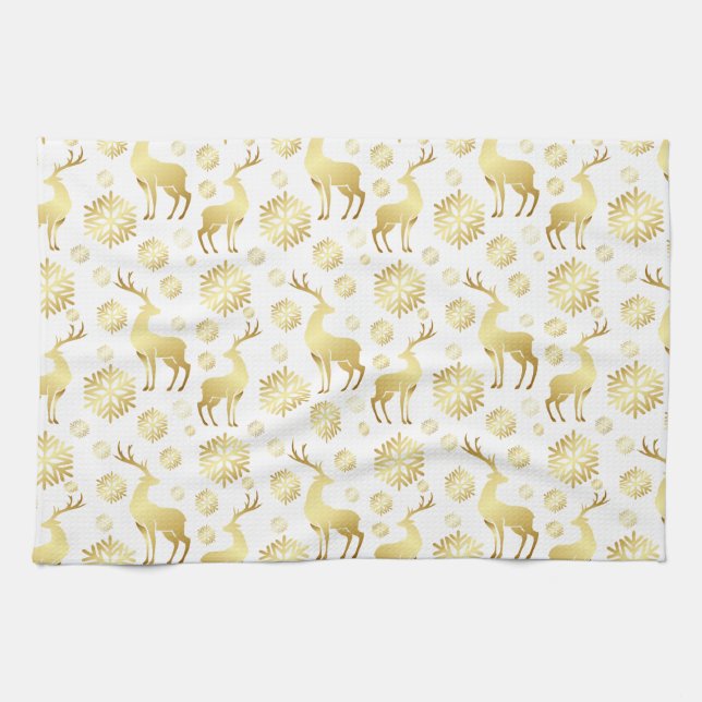Christmas Golden Snowflakes and Reindeers Kitchen Towel (Horizontal)