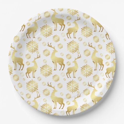 Christmas Golden Snowflakes and Reindeers Paper Plates