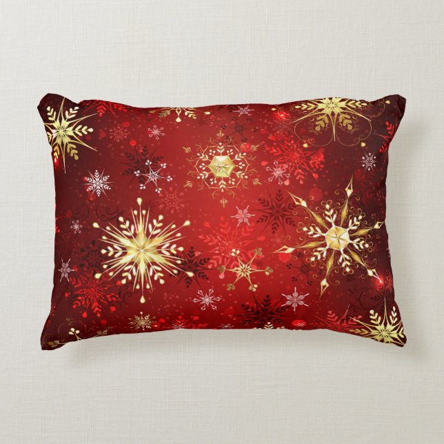 Christmas Golden Snowflakes on Red Background Accent Pillow (Front)