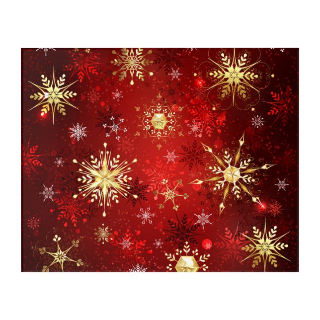 Christmas Golden Snowflakes on Red Background Acrylic Print (Front)