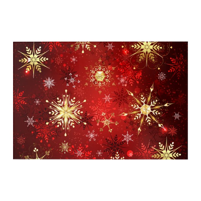 Christmas Golden Snowflakes on Red Background Acrylic Print (Front)