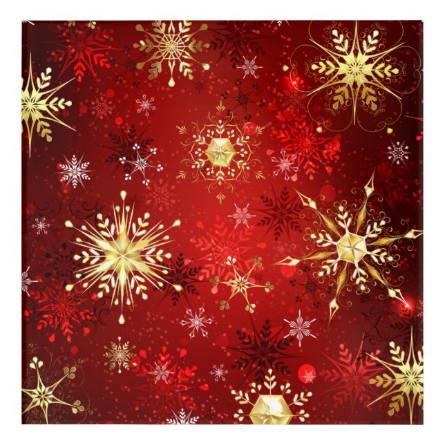 Christmas Golden Snowflakes on Red Background Acrylic Print (Front)