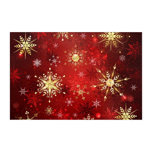 Christmas Golden Snowflakes on Red Background Acrylic Print (Front)