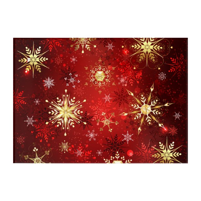 Christmas Golden Snowflakes on Red Background Acrylic Print (Front)