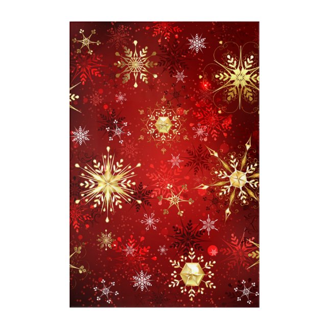Christmas Golden Snowflakes on Red Background Acrylic Print (Front)