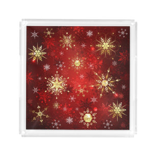 Christmas Golden Snowflakes on Red Background Acrylic Tray