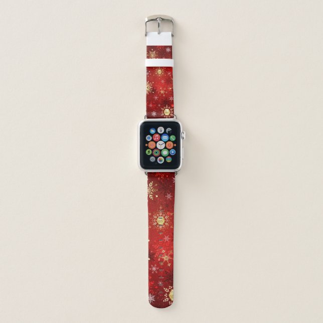 Christmas Golden Snowflakes on Red Background Apple Watch Band (Front)