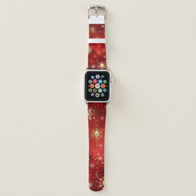 Christmas Golden Snowflakes on Red Background Apple Watch Band (Front)