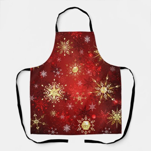 Christmas Golden Snowflakes on Red Background Apron