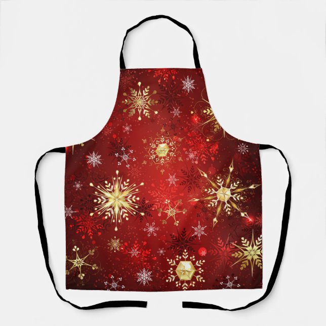Christmas Golden Snowflakes on Red Background Apron (Front)