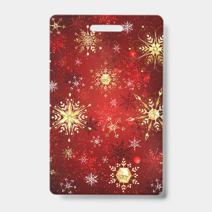 Christmas Golden Snowflakes on Red Background Badge