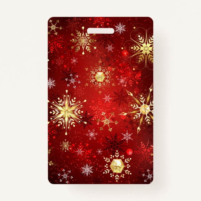 Christmas Golden Snowflakes on Red Background Badge (Front)