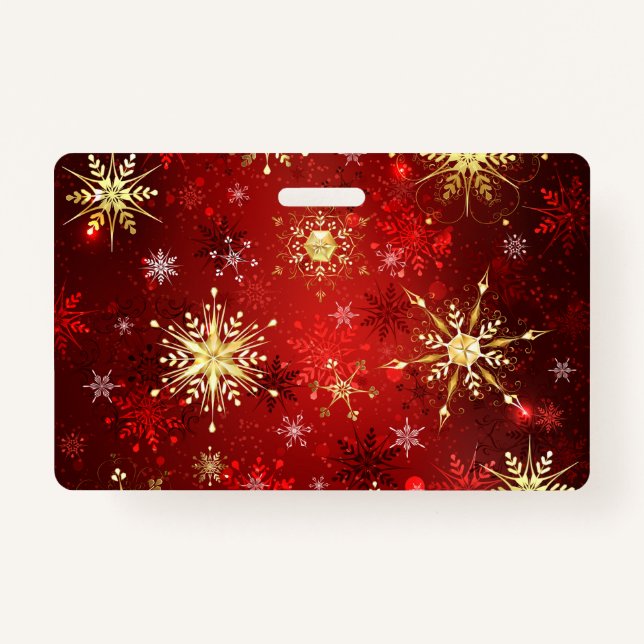 Christmas Golden Snowflakes on Red Background Badge (Front)
