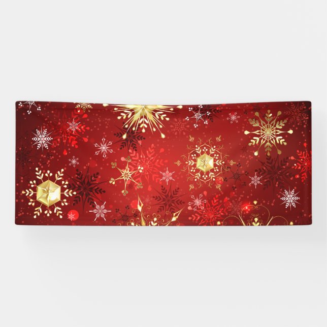 Christmas Golden Snowflakes on Red Background Banner (Horizontal)