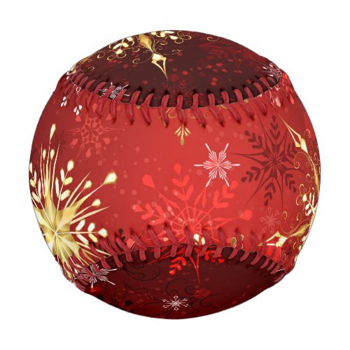 Christmas Golden Snowflakes on Red Background Baseball