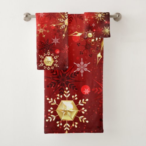 Christmas Golden Snowflakes on Red Background Bath Towel Set