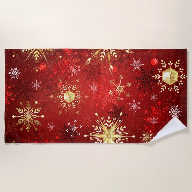 Christmas Golden Snowflakes on Red Background Beach Towel (Front)