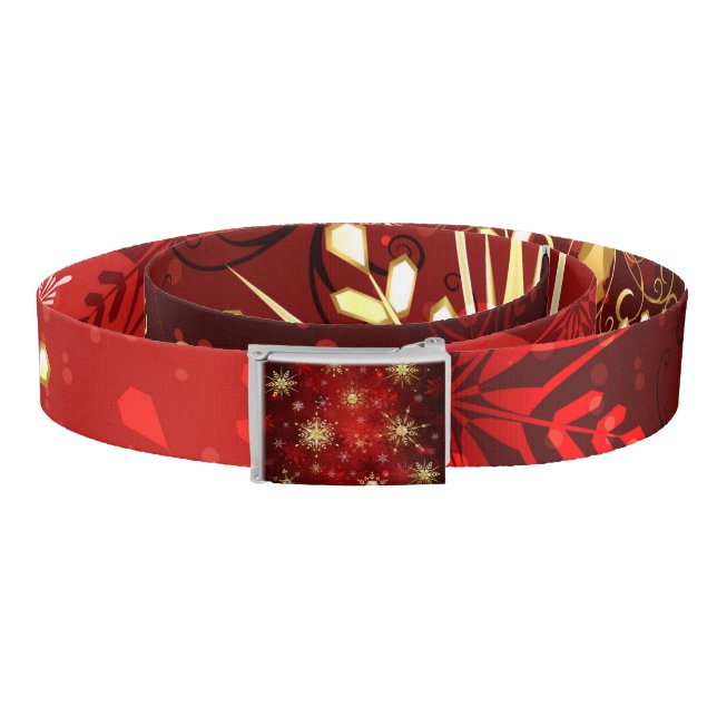 Christmas Golden Snowflakes on Red Background Belt (Coil)