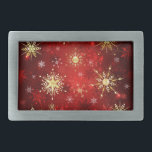 Christmas Golden Snowflakes on Red Background Belt Buckle<br><div class="desc">Red Christmas background with gold and white jewelry snowflakes. Golden snowflakes.</div>