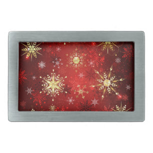 Christmas Golden Snowflakes on Red Background Belt Buckle
