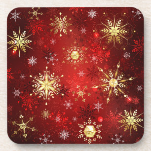 Christmas Golden Snowflakes on Red Background Beverage Coaster