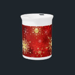 Christmas Golden Snowflakes on Red Background Beverage Pitcher<br><div class="desc">Red Christmas background with gold and white jewelry snowflakes. Golden snowflakes.</div>