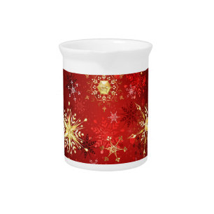 Christmas Golden Snowflakes on Red Background Beverage Pitcher