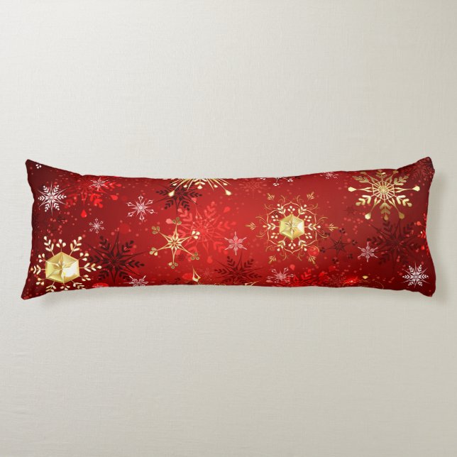 Christmas Golden Snowflakes on Red Background Body Pillow (Front)