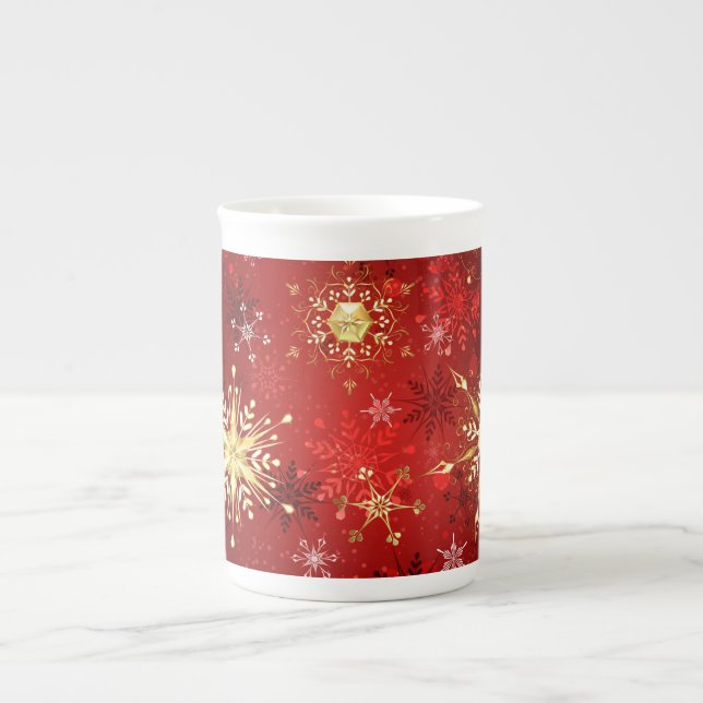 Christmas Golden Snowflakes on Red Background Bone China Mug (Front)