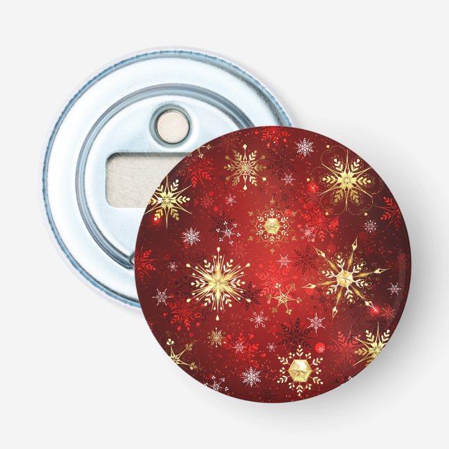 Christmas Golden Snowflakes on Red Background Bottle Opener (Front)