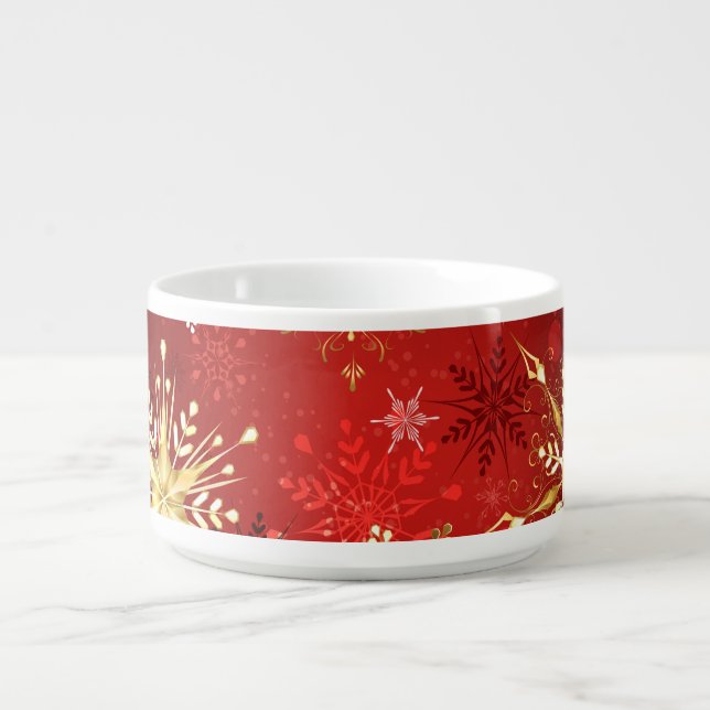 Christmas Golden Snowflakes on Red Background Bowl (Center)