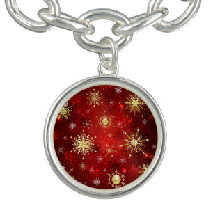 Christmas Golden Snowflakes on Red Background Bracelet