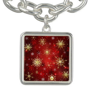 Christmas Golden Snowflakes on Red Background Bracelet
