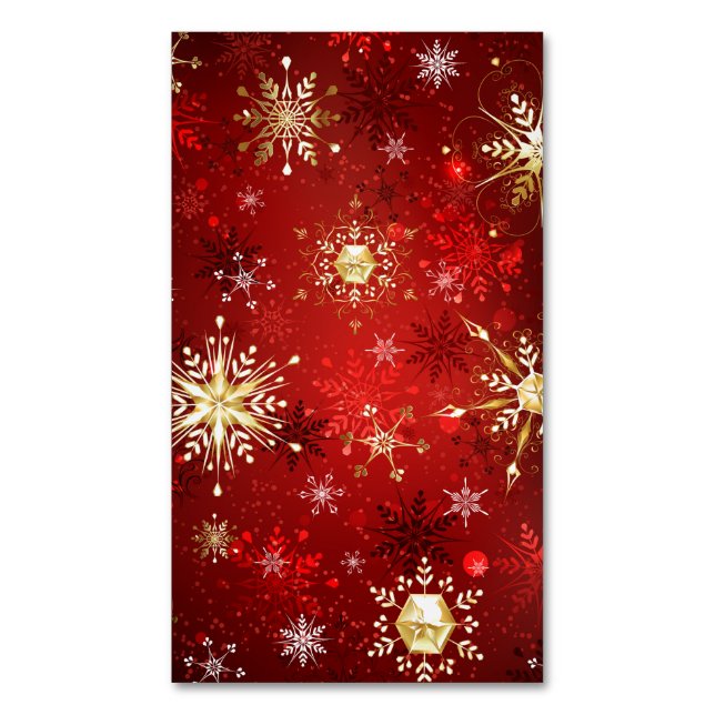Christmas Golden Snowflakes on Red Background Business Card Magnet (Front Vertical)