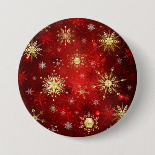 Christmas Golden Snowflakes on Red Background Button
