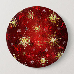 Christmas Golden Snowflakes on Red Background Button