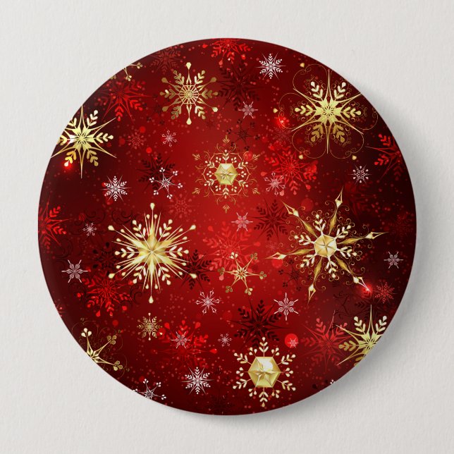 Christmas Golden Snowflakes on Red Background Button (Front)