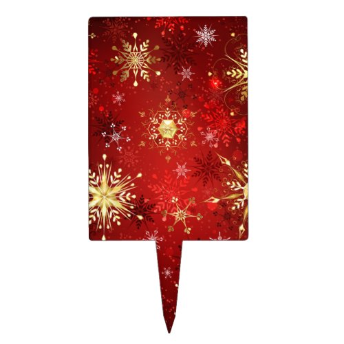 Christmas Golden Snowflakes on Red Background Cake Topper