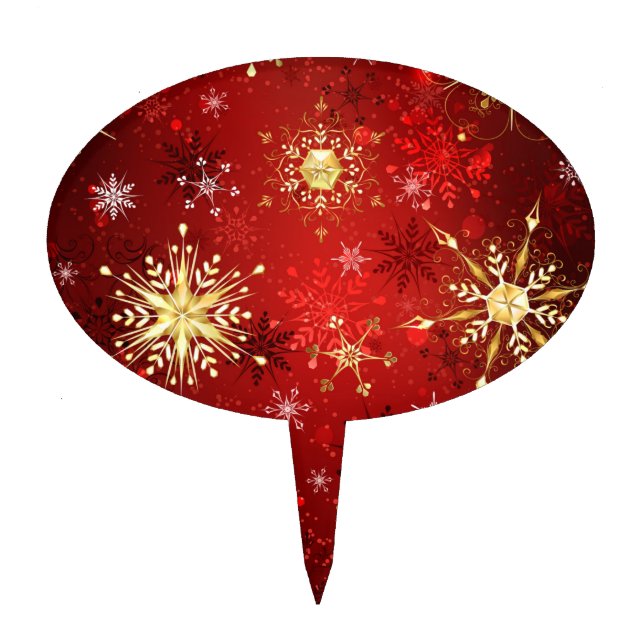 Christmas Golden Snowflakes on Red Background Cake Topper (Front)