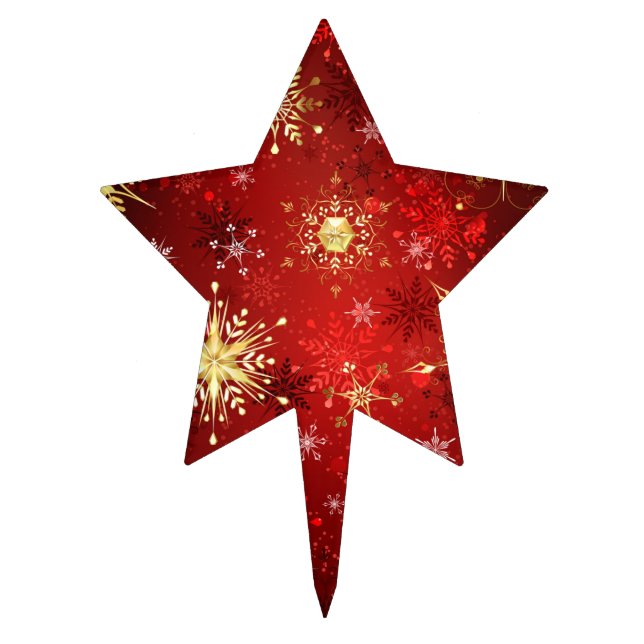 Christmas Golden Snowflakes on Red Background Cake Topper (Front)