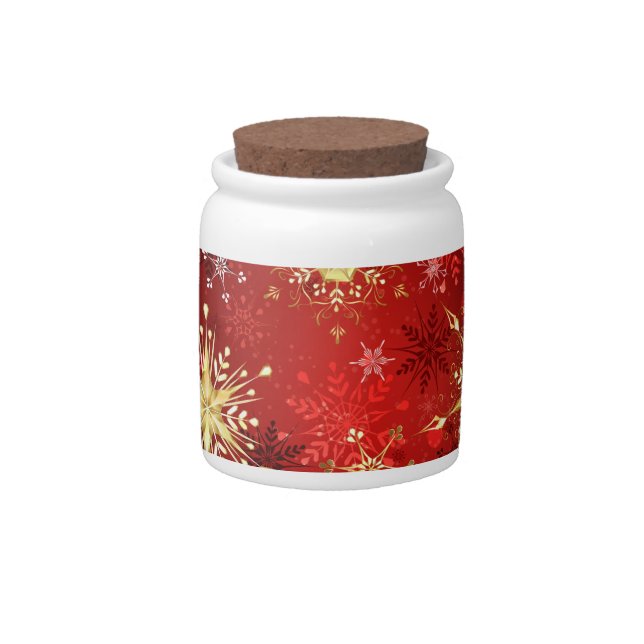 Christmas Golden Snowflakes on Red Background Candy Jar (Front)